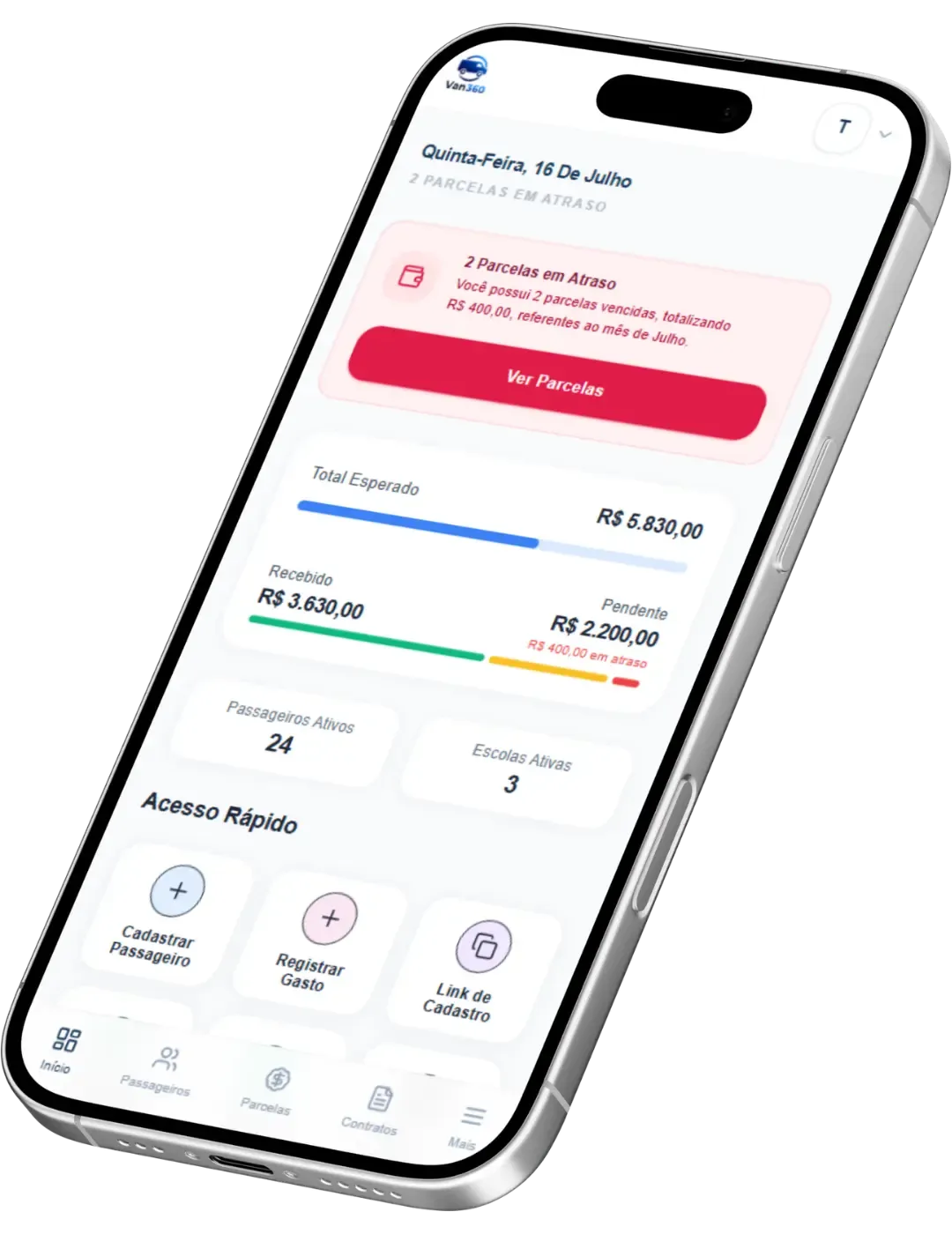 App para controle de parcelas da van escolar rodando no celular