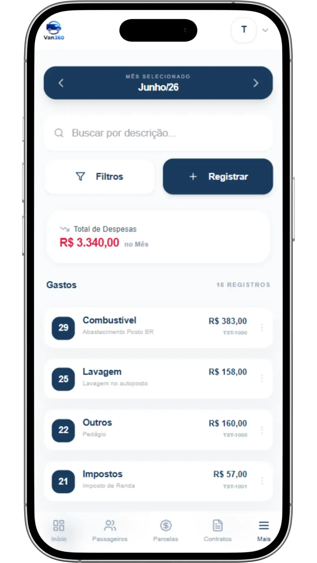 Tela de controle de gastos e despesas da van escolar