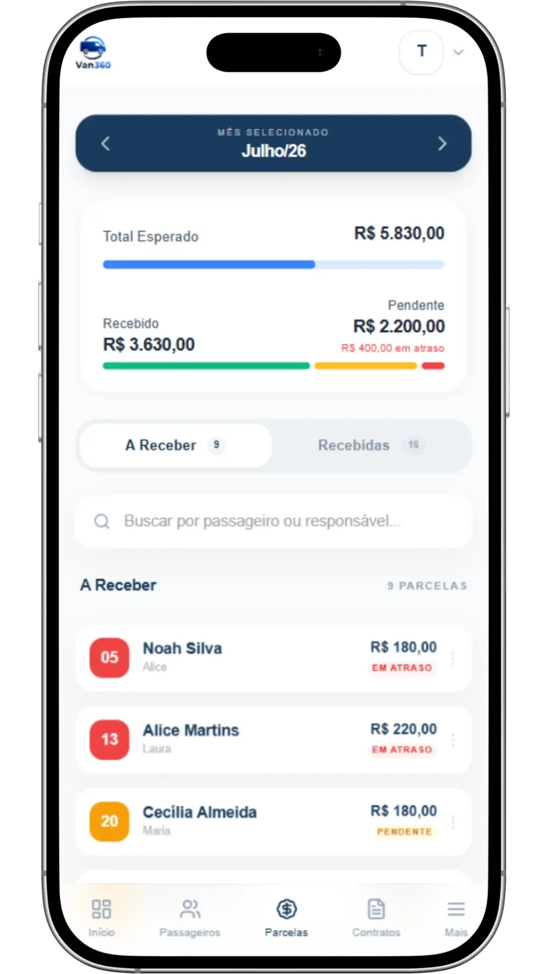 Painel de controle de parcelas pendentes e pagas da van escolar