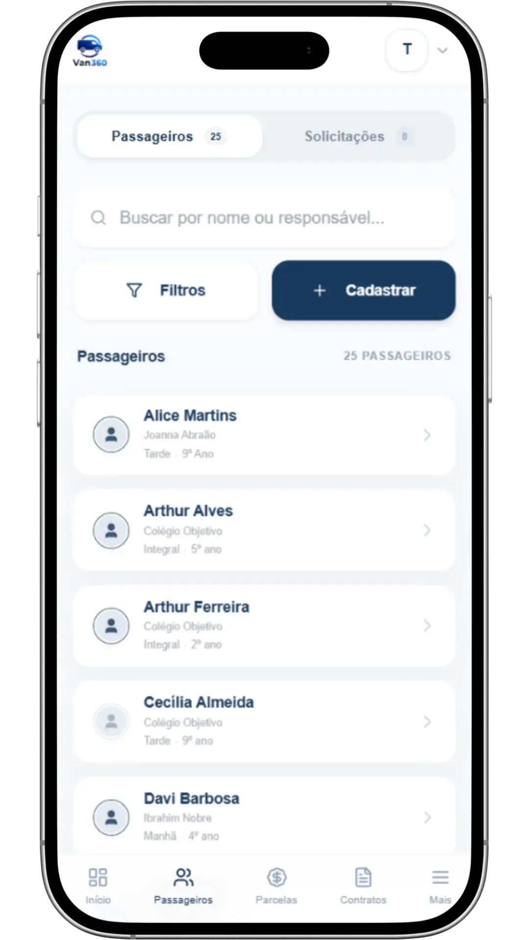 Lista de passageiros organizados no aplicativo Van360