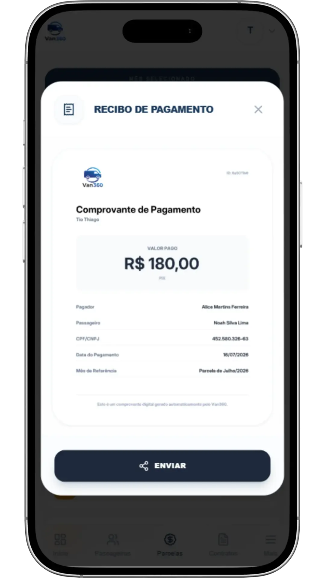 Recibo de pagamento gerado automaticamente pelo Van360
